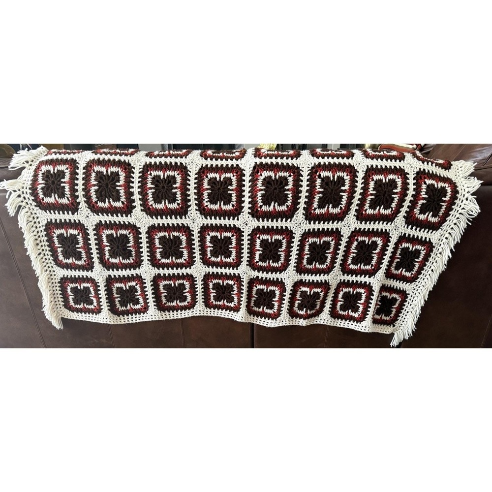 Vintage Granny Square 49"x64" Afghan Brown Creme & Orange Cottage Core